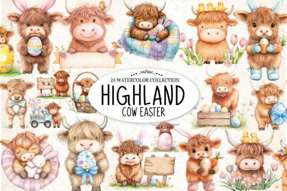 Highland Cow Easter Clipart for Embroidery Projects